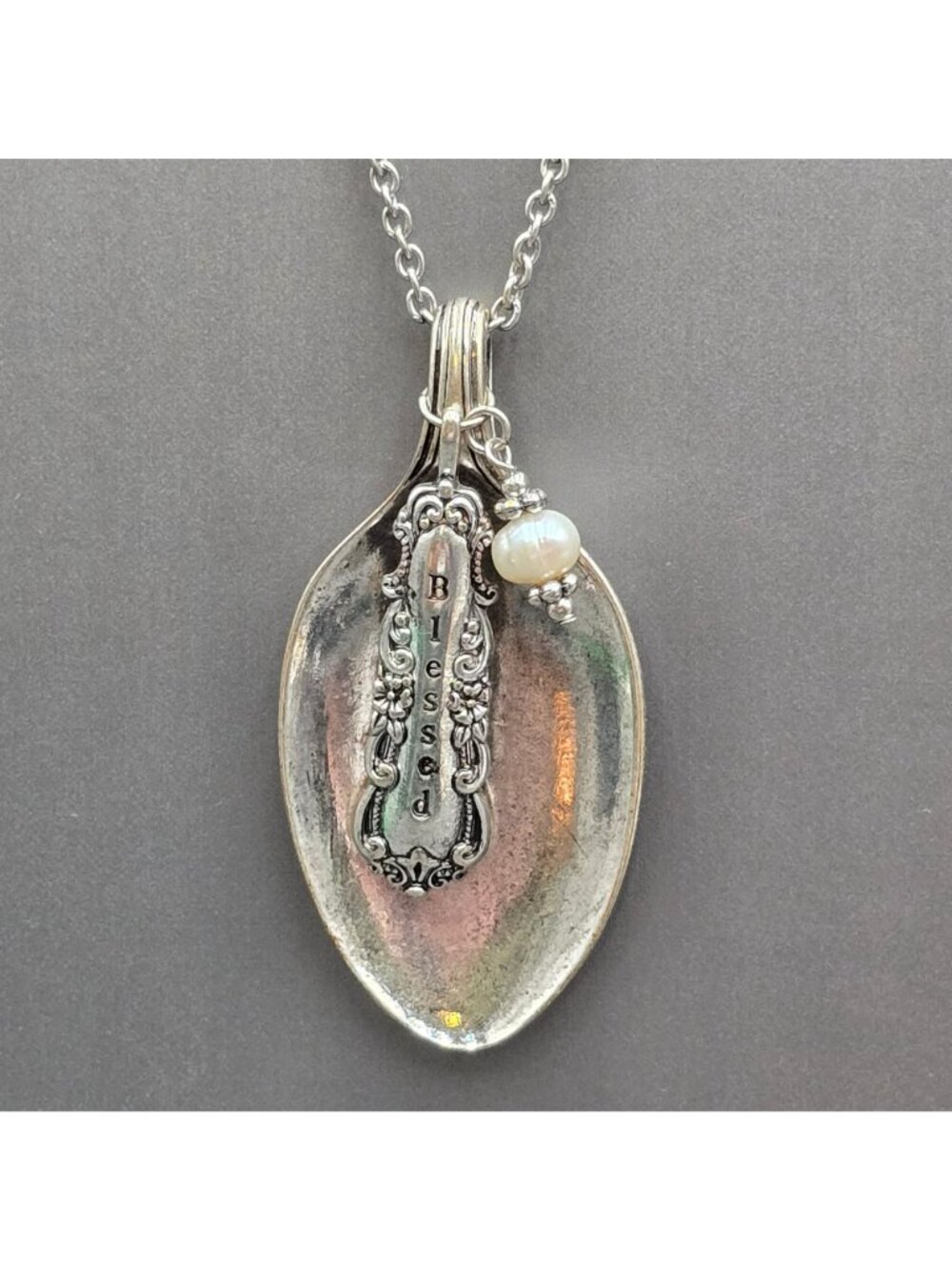 Vintage Blessed Spoon Pendant Necklace Silver Pearl Long Boho Statement Piece - Picture 7 of 16
